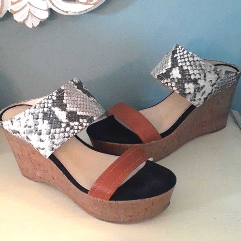 & Marc Fisher snakeskin slip-on cork platform wedges